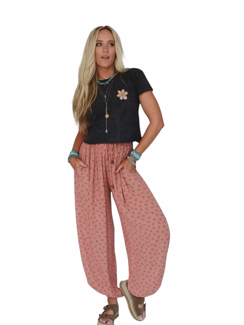 Three Bird Nest Dusty Rose Wide-Leg Floral Drawstring Pants
